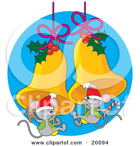 20094-Clipart-Illustration-Of-A-Cute-Pair-Of-Gray-Christmas-Mice-Wearing-Santa-Hats-And-Holding-Gingerbread-Cookies-And-Candy-Canes-While-Swinging-On-Golden-Jingle-Bells-Decorated-With-Holly.jpg